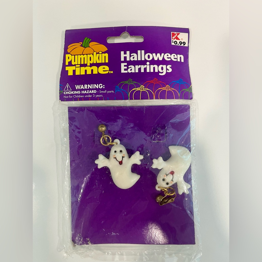 Vintage New Old Stock Kmart White Ghost Clip-On Earrings Halloween